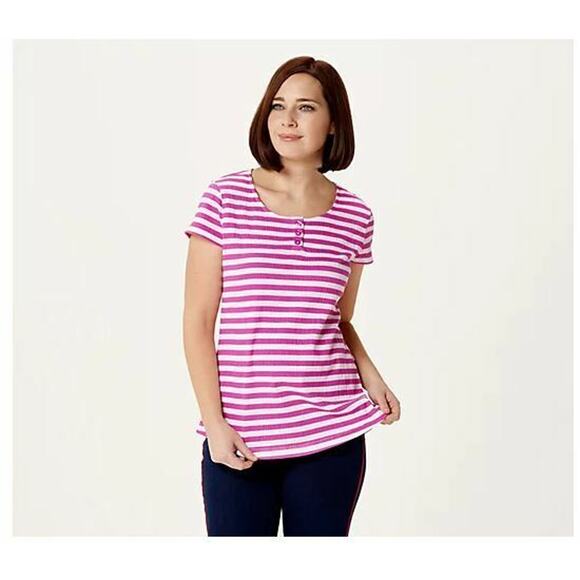 DENIM & CO. NEW $39 Striped Knit Gauze Scoop Neck Henley Top Orchid Pink XXS - Picture 3 of 4